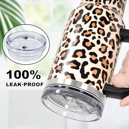 40 oz Tumbler with Handle and Straw, 100% Leak-Proof Travel Mug, Stainless Steel Double Wall Vacuum Insulated Coffee Cup Keeps Cold For 34 Hours, Cheetah - color: Cheetah