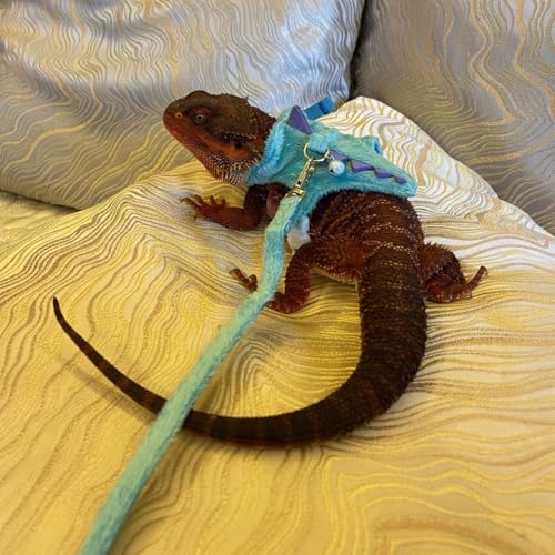 Bearded Dragon Harness and Leash Set - Soft Fleece Dinosaur Vest with Safe Bell Adjustable Lizard Traction Rope Escape Proof Outdoor Walking Training Leash for Ferret Rat Kitten Puppy (Blue) - color: Blue