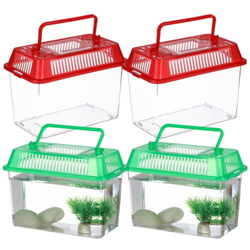 Toddmomy 4Pcs Portable Fish Tank with Handle, 5.9-Inch Small Plastic Reptile Carrier for Travel, Transparent Critter Keeper for Betta Fish, Turtles & Hamsters, Mini Pet Habitat Breeding Box