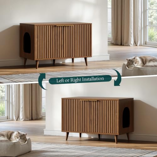 Evermagin 31.5" Cat Litter Box Enclosure Furniture with Legs | Walnut Hidden Litter Box Cabinet, Modern Indoor Cat House, Fluted Kitty End Table for Living Room, Bedroom, Entryway - color: NA Walnut