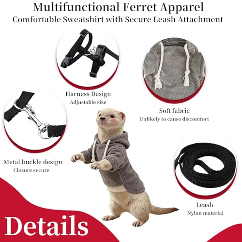 Ferret Clothes and Leash Set, Warm Hoodie Sweater with Harness and Leash for Outdoor Walking, Cozy Wear for Ferrets, Chinchillas, Small Pets, Adjustable Small Pet Outfits (Grey) - color: Grey
