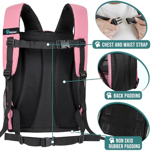 PetAmi Dog Backpack Carrier Airline Approved Cat Pet Puppy Bag, Pink | Ideal for Small Medium Large Pet up to 18 lb, 2 Side Entry Structured No-Collapse Frame, Ventilated Bookbag for Hiking Travel - color: Pink
