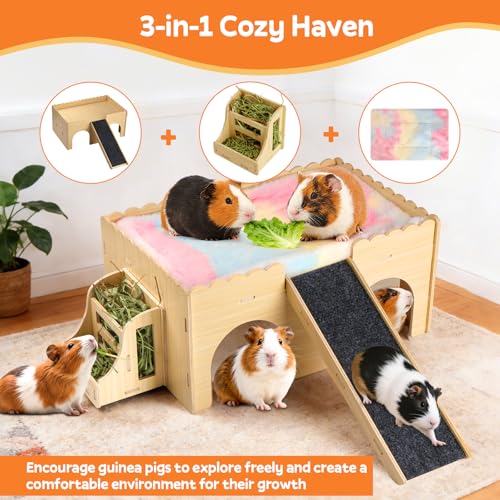 Large Guinea Pig Wooden Hideout with Detachable Snack Hay Feeder, Guinea Pig Castle with Plush Cushion and Ramp - Easy Assembly House for Play, Sleep & Exploration