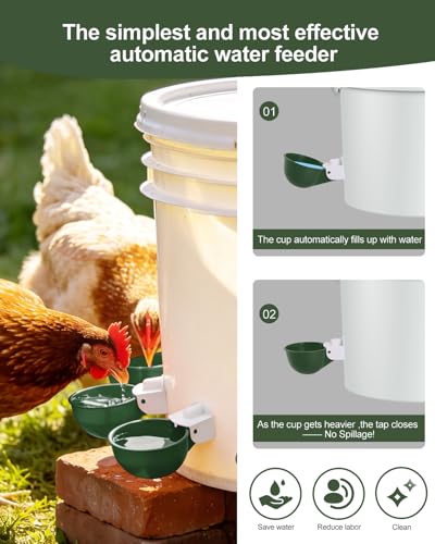Chicken Waterer Cups (8 Pack) with 3/8" Drill Bit - Green | Automatic Poultry Drinker Feeder Kit for Chickens, Ducks, Turkeys, Quail, Bunnies | DIY Gravity Fed Bucket Water Dispenser - color: Green, size: 8 Pack + Drill bit