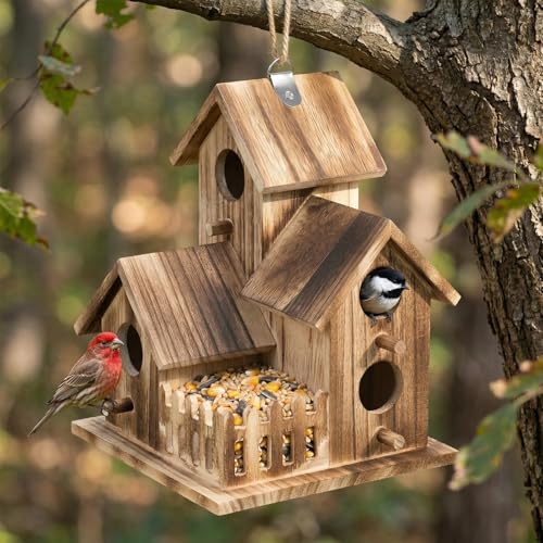 Bird House for Outside, Outdoor 3 Hole Bird House Room Bluebird Finch Wooden Hanging Birdhouse Handmade Wooden Hummingbird-House for Garden,Courtyard, Backyard Bluebirds, Finches, Cardinals