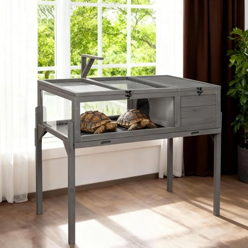 GEGURI Tortoise Habitat Indoor & Outdoor, Wooden Tortoise House with Detachable Legs, Reptile Cage for Small Animals
