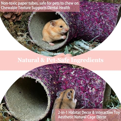 Hamster Hideout Tunnel Natural Hay & Dried Flower Paper Tube Maze Burrowing Habitat Decor for Dwarf Hamsters Gerbils Mice Syrian Hamsters (Rose Flower)