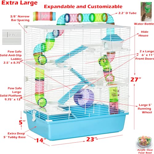 Extra Large 23" Multi-Tiers Easy Setup Hamster Palace Gerbil Habitat Mouse House Mice Home Critters Cage Complete Set of Accessories Expandable Customizable Hide House Food Bowl Running Wheel