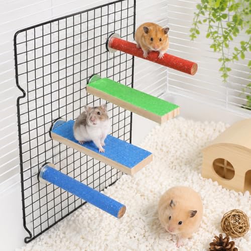 4 PCS Rat Climbing Toys Wood Hamster Climbing Cage Steps with Colorful Sand Sharpening Claws Platform, Sugar Glider Toys Sugar Glider Cage Accessories Small Animal Scratching Sandpaper for Cages