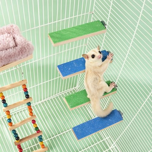 Mygeromon Sugar Glider Toy Climbing Steps Rat Cage Platform Accessories | Wood, 4 Pcs, Small Animal, Squirrels, Chinchillas Enrichment Supplies, Blue, Green