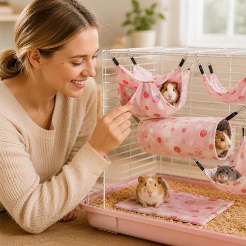 5 Pack Ferret Hammock, Rat Hammock, Washable Guinea Pig Hideout Bed, Soft Hanging Tunnel & Mat, Small Pet Cage Accessories for Chinchilla, Squirrel (Pink)
