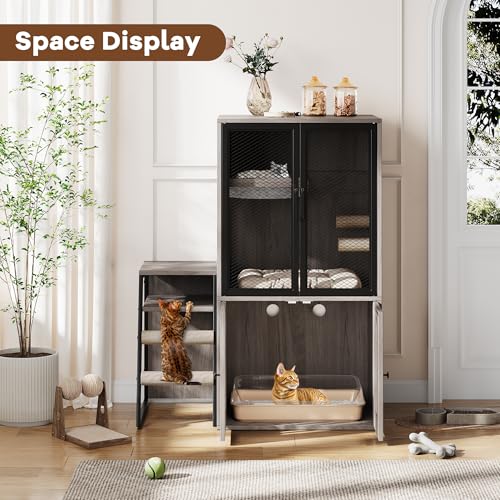 TrailBlaze Litter Box Enclosure with Platform, Double Layer Hidden Furniture, Modern Villa Cat Cabinet with Ladder, Hammock & Metal Mesh Door, Indoor Washroom Cat House-Gray - color: Gray