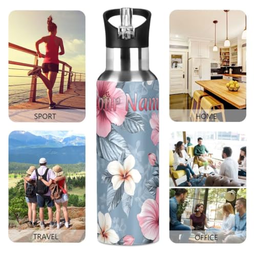 Custom Pink Hibiscus Flower Water Bottle Kids Stainless Steel Bottle with Straw Lid Personalized Name Boys Girls Insulated Cup for School 20 oz - color: Multi103