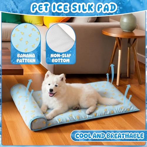 DoubleFill 4 Pack Cooling Pet Mats 23.6" x 31.5" Cooling Dog Beds with Supportive Pillow Self Ice Washable Cool Pads Summer Cat Sleeping Pad with Storage Bag for Summer Crate Floor (Large, Blue) - size: Large, style: Blue