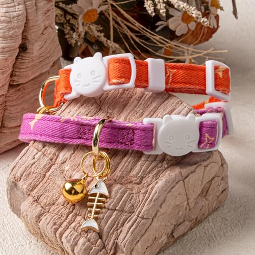 2 Pack Cotton Cat Collar Orange and Purple Fish Cute Kitten Cat Collar | Breakaway Breathable Soft material With cute pendants with Bell - color: Orange&Purple