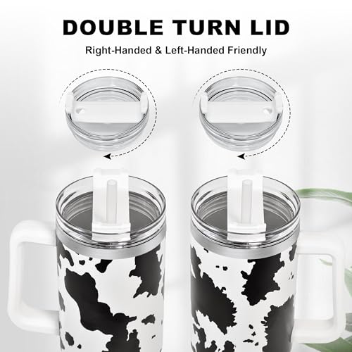 40 oz Cow Tumbler with Handle and Straw, 100% Leak-Proof Travel Mug, Stainless Steel Double Wall Vacuum Insulated Coffee Cup Keeps Cold For 34 Hours, White Cow - color: White Cow