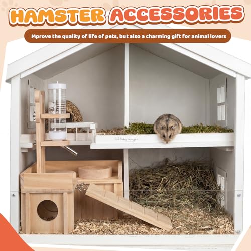Hamster Cage Accessories, 4 Pcs Wooden Dwarf Hamster Hideout House with Ladder Platform, Feeding Bowl, Water Bottle with Holder Stand for Gerbil Rat Mice Small Animal Habitat Decor