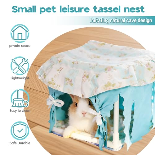 Hamster Hideout Tent with Curtain,Bunny Hideout, Machine Washable Guinea Pig Hide Tent Houses & Habitats, Triangular Hideout Shelter Small Animal Bed,Ferret, Rat, Chinchilla, Squirrel（Blue） - color: blue white