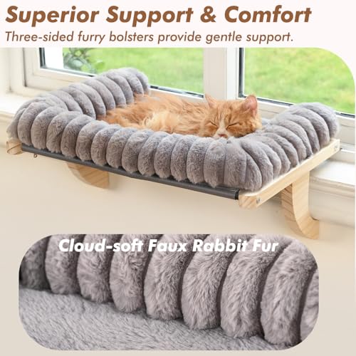 Cloud-Soft Cat Window Sill Perch with Zipper Designed Cushioned Bed, Supportive Cat Window Seat with Premium Solid Wood & Sturdy Metal Frame, Pet Hammock Bed for Large Cats (Large, Gray) - color: Grey, size: Large(24.4''x15'')