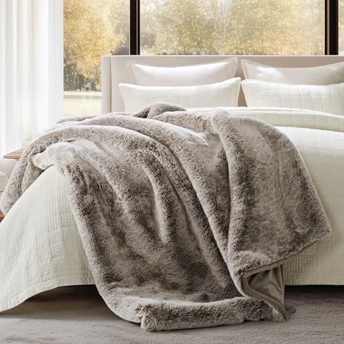 EVERGRACEHOME Faux Chinchilla Fur Throw Blanket, 50"x60", Champagne Fawn | Luxury, Super Soft, 1220GSM, Fluffy Cozy Mink, Reversible Velvet Back, Warm Thick Heavy Winter Throw for Couch Bed, Gift - color: Champagne Fawn, size: 50"x60"