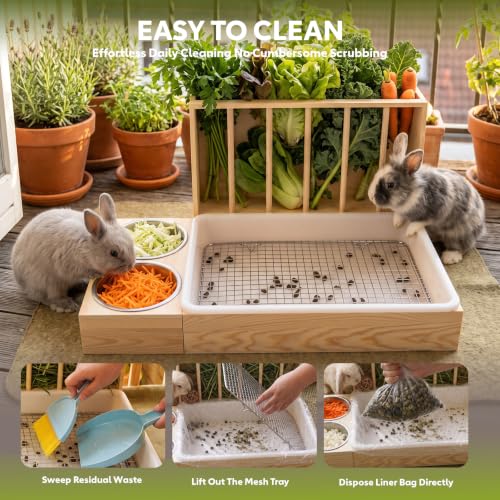 3-in-1 Rabbit Litter Box with Hay Feeder, Wooden Bunny Feeding Station | chew-resistant solid wood，deep litter box，Easy to Clean，for Guinea Pigs, Chinchillas, Hamsters, Ferret and Other Small Animal