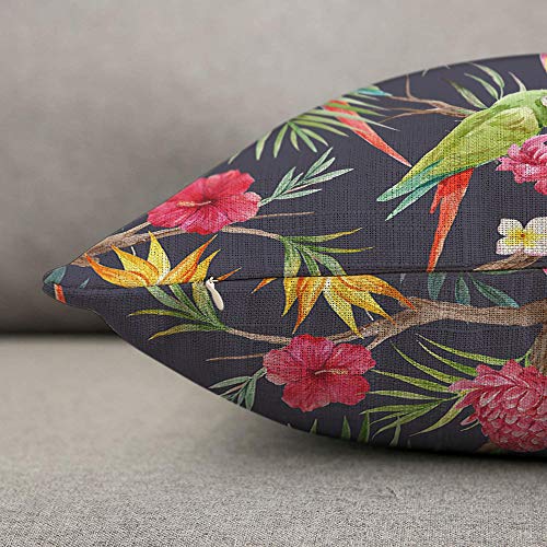 HOSNYE Tropical Tree Throw Pillow Cover Flowers of Hibiscus Blooming Ginger Palm Leaves Parrot Ara and Toucan Linen Fabric for Couch Bed Sofa Car Waist Cushion Cover 12 x 20 inch - color: Throwpillowcoversa104, size: 20" x 12" (Pack of 1)