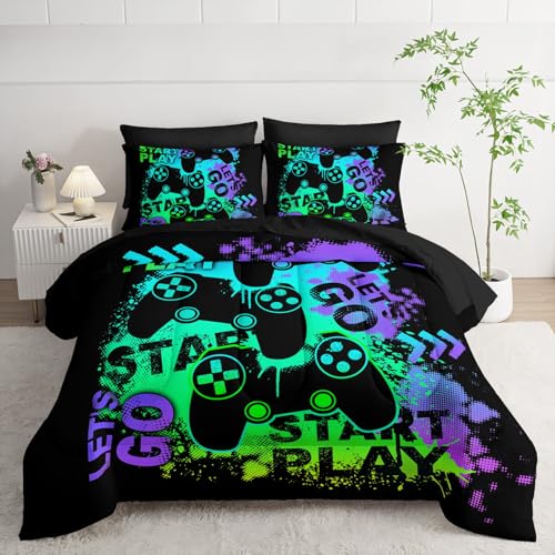7pcs Gamer Comforter Set Green Gamepad Printed Bedding Set with 1 Comforter, 1 Flat Sheet, 1 Fitted Sheet and 4 Pillowcases for Boys and Girls Bedroom (Gamepad-2 Queen - color: Gamepad-2, size: Queen 90x90inches