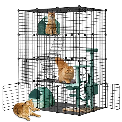Large Cat Cage,DIY Cat Cage Enclosures Indoor Pet Home Small Animal House Detachable Playpen Metal Wire Kennels for 1-3 Cat - size: Black - 43"L x 29"W x 57"H