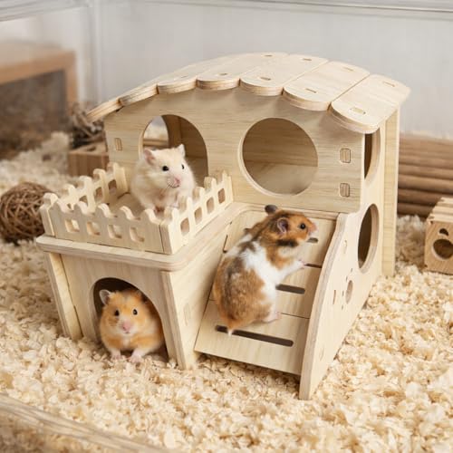 Multi-Chamber Wooden Hamster Hideout, House and Cage Accessory, Model 2 | Natural wood retreat for dwarf hamsters, gerbils and mice, with multiple chambers, openings and ventilation holes.