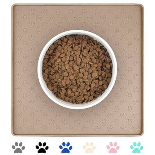 Ptlom Dog Food Mat Anti-Slip Bowl Mats for Food and Water, Waterproof Silicone Pet Placemat with High Raised Edges, Non-Slip Puppy Feeding Tray for Small, Medium Large Cats Dogs, Taupe, 11.8"x11.8" - color: Taupe, size: 11.8"L x 11.8"W