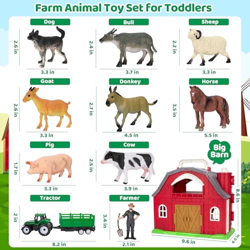 Ellinjan Farm Animals Toys for Toddlers Girls Boys, Big Red Barn Farm with Figures Animals and Tractor Toy for Kids 2 3 4 5, Farm Playset Educational Learning Toys, Ideal Christmas Birthday Gifts