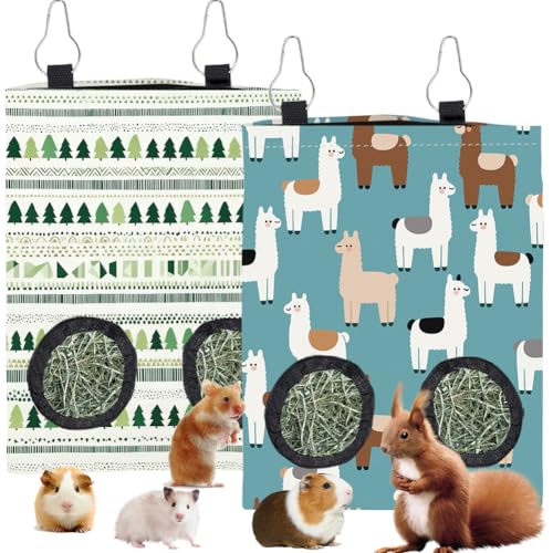 2Pcs 2 Styles Rabbit Hay Feeder Bags Guinea Pig Hay Bag with 2 Holes Tree Alpaca Pattern Oxford Cloth Washable Rectangle Feeding Storage for Small Animal Chinchillas Hamster 12 x 9 Inch - color: Mixed Shapes
