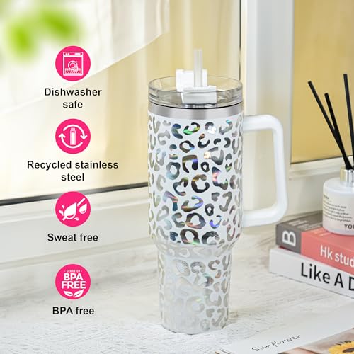 40 oz Tumbler with Handle and Straw, 100% Leak-Proof Travel Mug, Stainless Steel Double Wall Vacuum Insulated Coffee Cup Keeps Cold For 34 Hours, Dishwasher Safe, Hot Pink Leopard - color: Hot Pink Leopard