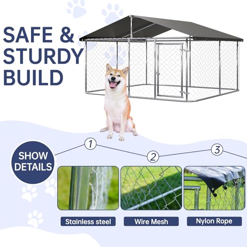 Petony Outdoor Dog Enclosure Heavy Duty Dog Kennel House Mesh Dog Big Cage Pet Kennel Steel Fence with Secure Lock - size: 118.0"L x 118.0"W x 65.0"H