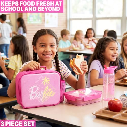 Get Trend Barbie Girls Lunch Bag, Bento Box & Water Bottle 3 Piece Set | Insulated Lunch Bag, 3 Compartment Lightweight Snack Box, 22 fl oz BPA-Free Water Bottle with Straw, School, Gifts for Girls - color: Pink Barbie