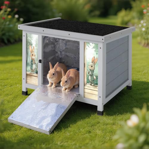 Coziwow 24" Bunny Hutch for Outdoor & Indoor Use - Solid Wood Rabbit Cage with Detachable Insulation Liner, Lightweight Weatherproof Shelter for Cats, Rabbits, Small Animals, Gray - color: Grey with Warm