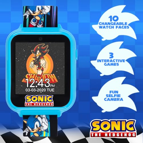 Sonic the Hedgehog Kids Smart Watch - Interactive Touchscreen with Games, Selfie Camera, Step Tracker, Alarm, and Printed Silicone Strap - Fits Wrists 5.5" to 8.0" - color: Sonic Speed