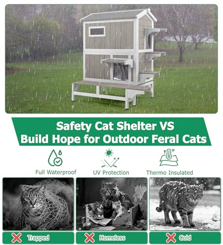 Outdoor Cat House Weatherproof Cats Shelter for Feral Kitten Pet Houses for 1-2 Small Animlas 2 Story Wooden Houses for Indoor Outdoor Cats with Escape Doors (25.5" D x 33.5" W x 39.5" H) - style: 25.5"D x 33.5"W x 39.5"H