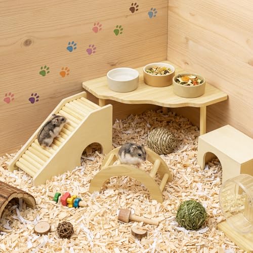 BreezeHug 4 Pcs Hamster Cage Accessories Hamster Platform Hideout Wooden Tunnel Ladder Playhouse Game Climbing Toy with Platform for Pets Dwarf Syrian Mice Degus Gerbils Squirrel(Log Cabin) - style: Log Cabin