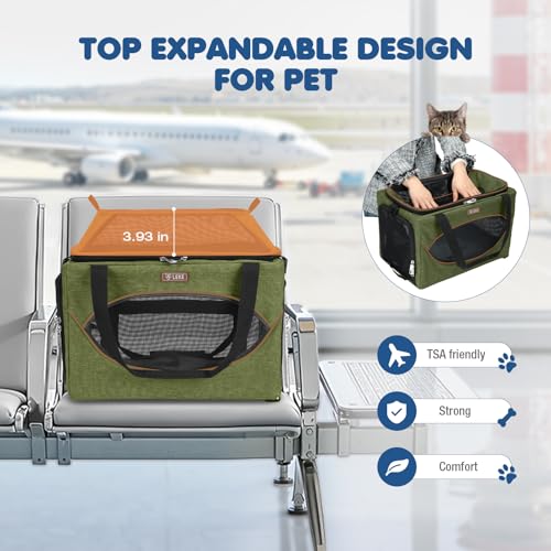 Lekereise Top-Expandable Pet Carrier 18x11x11Inch Delta American United Airline Approved Underseat to 15lbs Stable Car Travel Carriers for Small Dogs Cats with Locking Safety Zippers Anti-Scratch Mesh - color: Dark Green, size: 18"x11"x11"