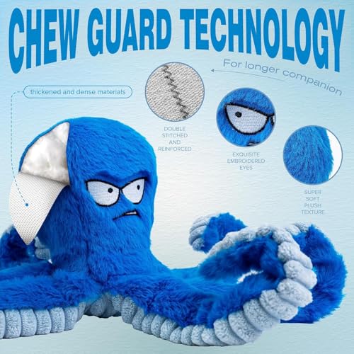 Large Dog Toys, Squeaky Dog Toy, Stuffed Crinkle Blue Octopus Toys 2 Pack | Tough Soft Fabric, Interactive Tug of War Puppy Chew Toys for Teething, Birthday Gift for Pet, Training Reward - color: Blue Octopus 2pack