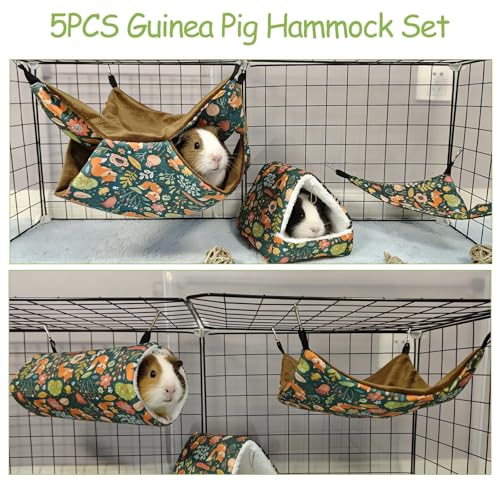 kathson 5 PCS Guinea Pig Hammock Set, Washable Rat Hammock, Guinea Pig Hideout Bed Soft Hamster Hanging Tunnel Mats Small Pets Cage Accessories for Chinchilla, Sugar Glider, Squirrel(Green) - color: Green