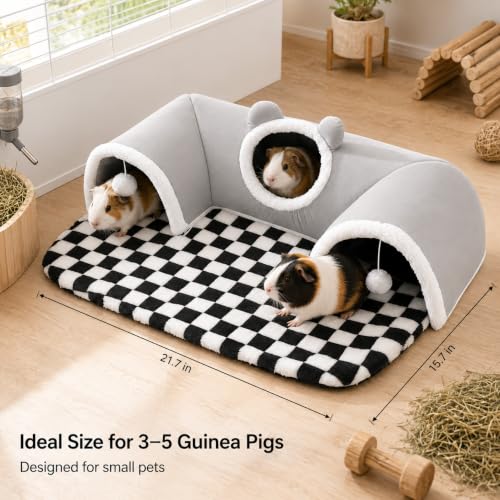 Large Guinea Pig Hideout Tunnel with Removable Warm Bed, 3-Cave Small Animal Hideaway Play Tunnel, Cozy Cage Accessories for Hamsters, Chinchillas, Rats