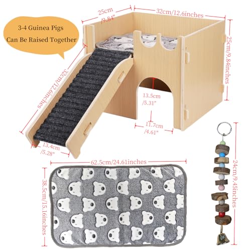 Guinea Pig Hideout, Small Animals House with | Mat Ramp | Cave | Blanket | Toy |, Wooden Detachable Castle for Guinea Pig Cages Accessories, Bed Hut Habitats for Hamster Bunny Playing Sleeping Hiding