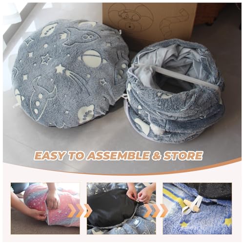Large Cat Tunnels Bed Tube for Indoor Cats Under Christmas Tree Glows in The Dark Cat Tunnel with Cushion and Plush Ball Toy Longer Playground Toys for Dog Puppy Kitten Pet Gray - color: Gray Bed