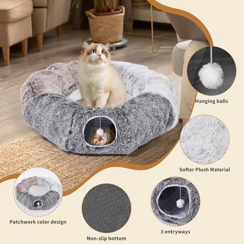 Large Cats Tunnels for Indoor Cats Fluffy Warm Cat Bed and Detachable Cave Tunnels with 20 Pet Toys, Donut Tunnel and Variety Kitten Toy Set for Playing - color: Large (D: 47in)