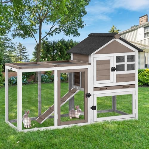 GUTINNEEN 51.6" Large Rabbit Hutch with Chew-Proof Ramp, Small Chicken Coop with Run for Outdoor, Indoor Bunny Cage Guinea Pig House with Leak-Proof Tray (Brown)