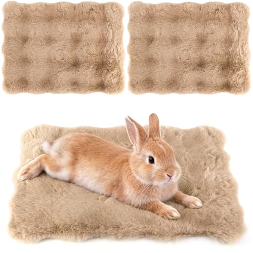2 Pack Rabbit Mat, Soft Plush Bunny Bedding with Non-Slip Bottom, Washable Fluffy Guinea Pig Cage Liner, Small Pet Sleeping Pads for Hamster, Chinchilla, Khaki - color: Khaki