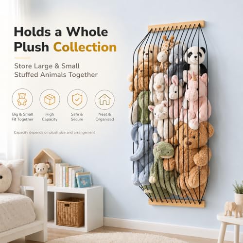 Stuffed Animal Storage Wood Soft Toy Organizer for Kids Room，Cute and Durable Wall or Door Mount Length Adjustable Hanging Stuffed Animal Toy Organizer Shelf for Nursery Play Room Black -Patent - color: Black