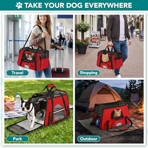 PetAmi Airline Approved Pet Carrier for Cats & Small Dogs, Large, Red | Soft Sided TSA Travel Bag, Sherpa Bed, Breathable Mesh Ventilation, Collapsible Bowl, Fits Under Seat, Up to 18 lbs - color: Red, size: Large - 19.5"L x 10.2"W x 12"H